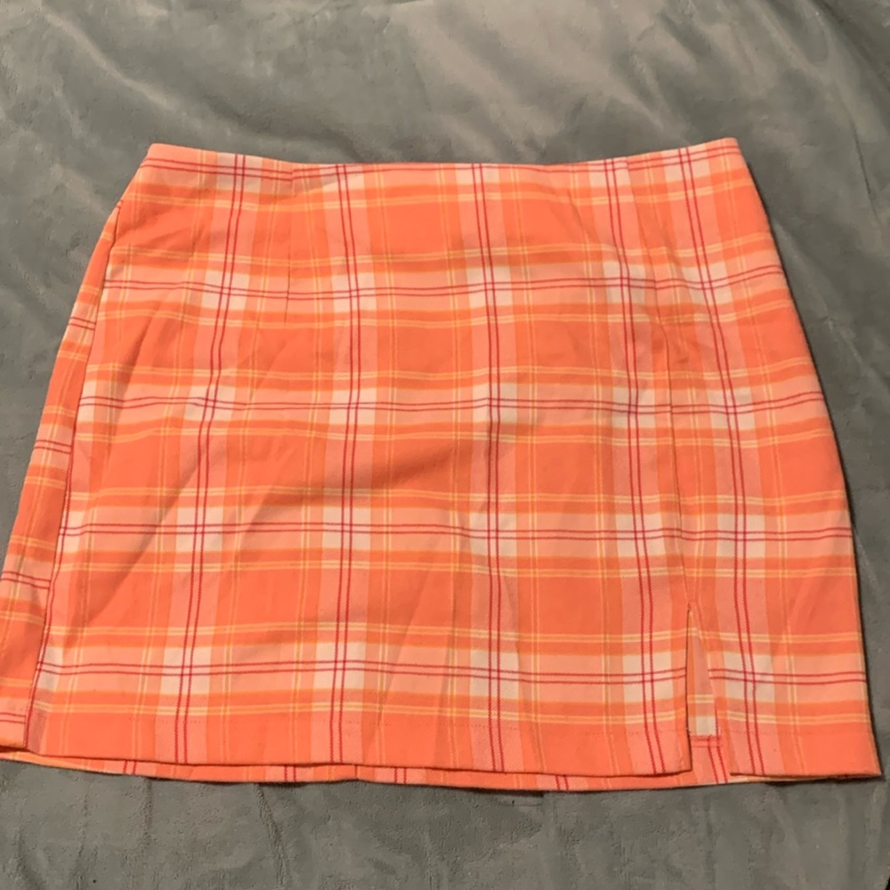 Orange plaid mini skirt with split
